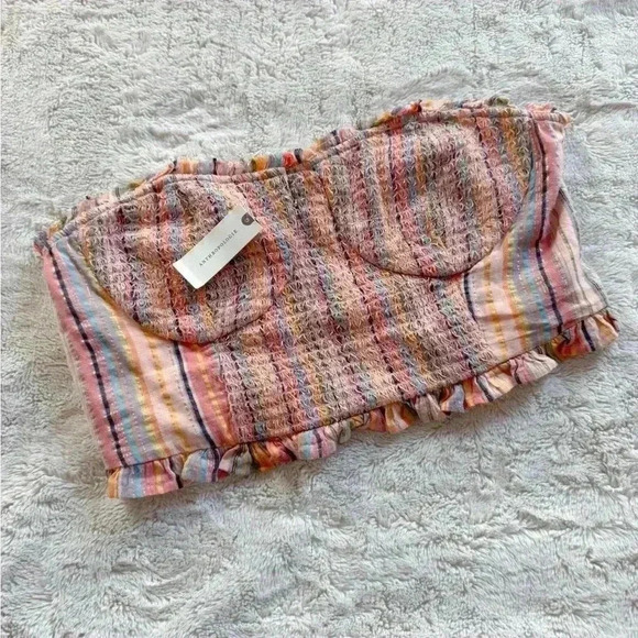 Anthropologie Pilcro Rainbow Pink Strapless Smocked Crop Top size L - Picture 3 of 7